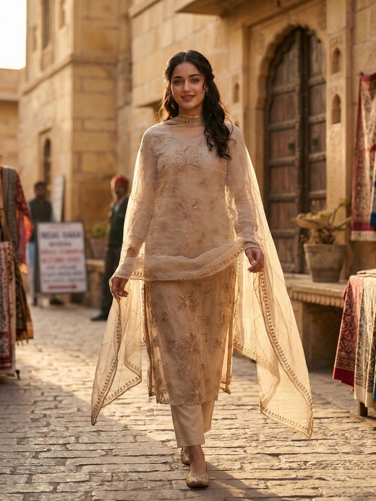 Soft champagne-beige / ivory Siroski Suit - Premium Unstitched Suit Material for Women