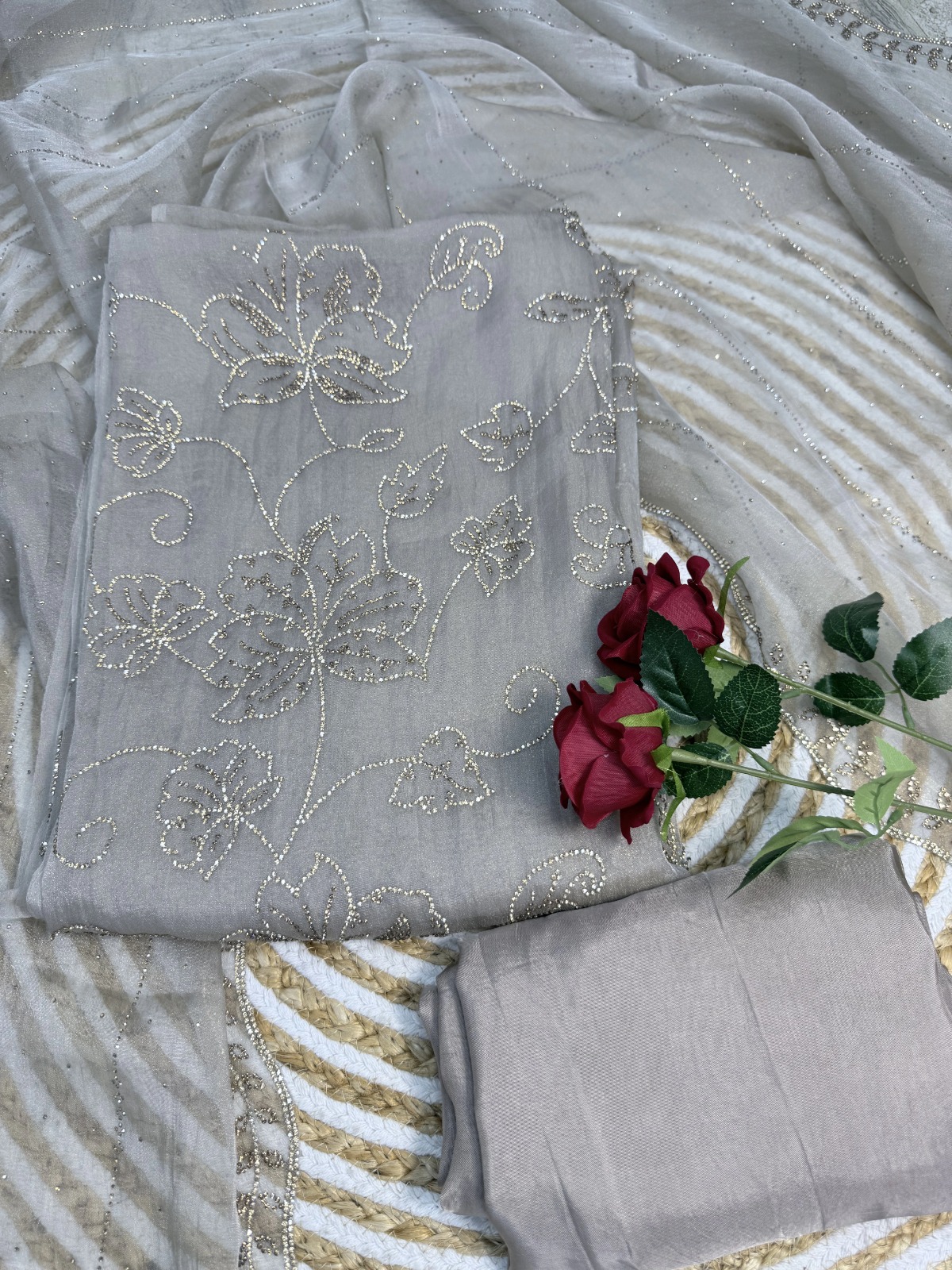 Soft champagne-beige / ivory Siroski Suit - Premium Unstitched Suit Material for Women view 2