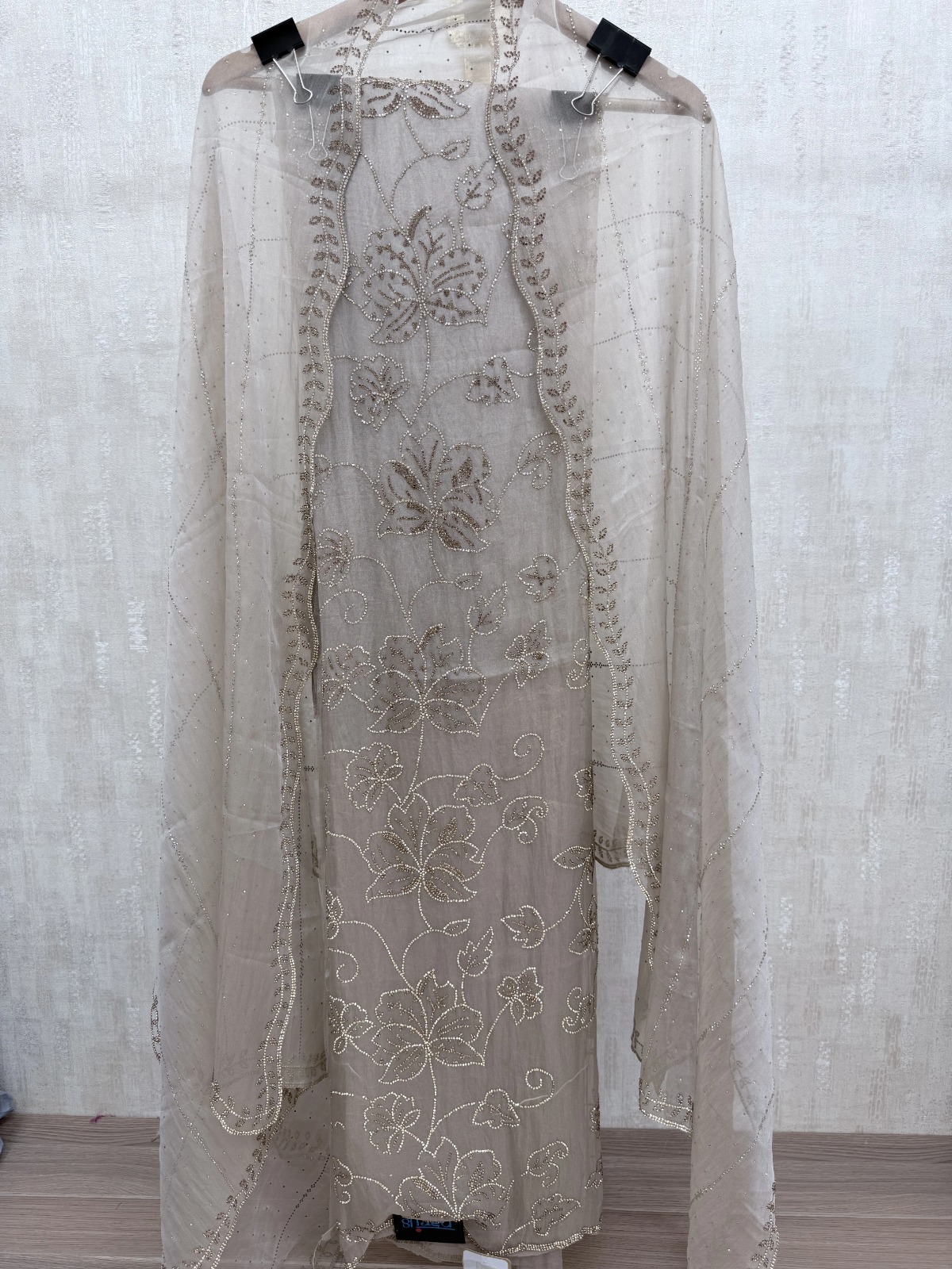 Soft champagne-beige / ivory Siroski Suit - Premium Unstitched Suit Material for Women view 3