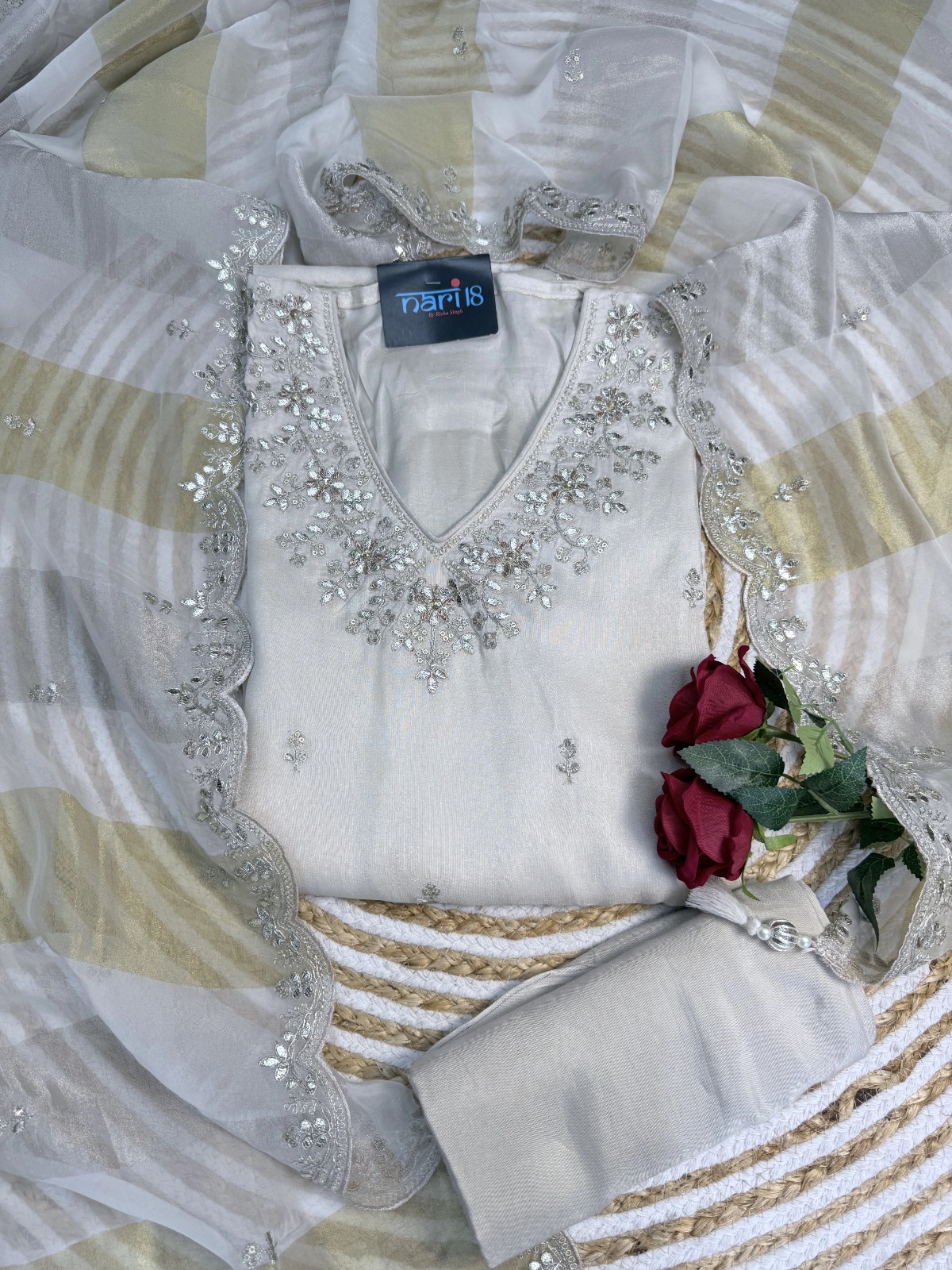 Pure Silk Unstitched Suit Material - Elegant Ivory / Off-White Silk Suit view 2