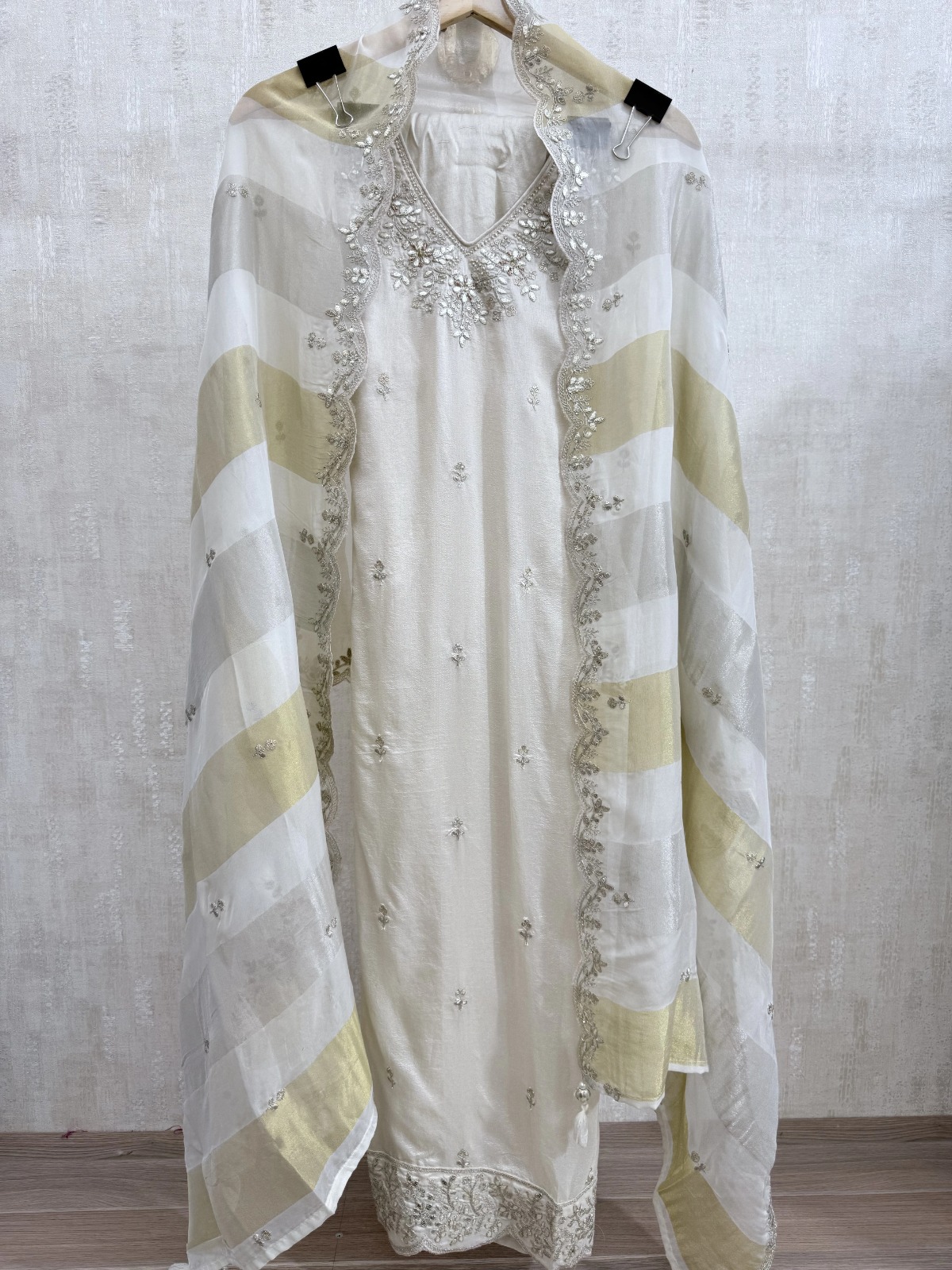 Pure Silk Unstitched Suit Material - Elegant Ivory / Off-White Silk Suit view 3