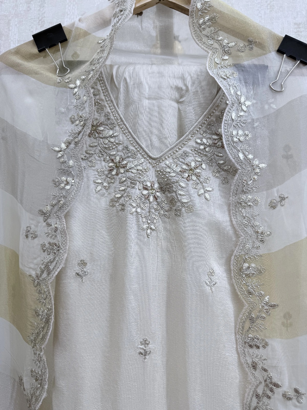 Pure Silk Unstitched Suit Material - Elegant Ivory / Off-White Silk Suit view 4