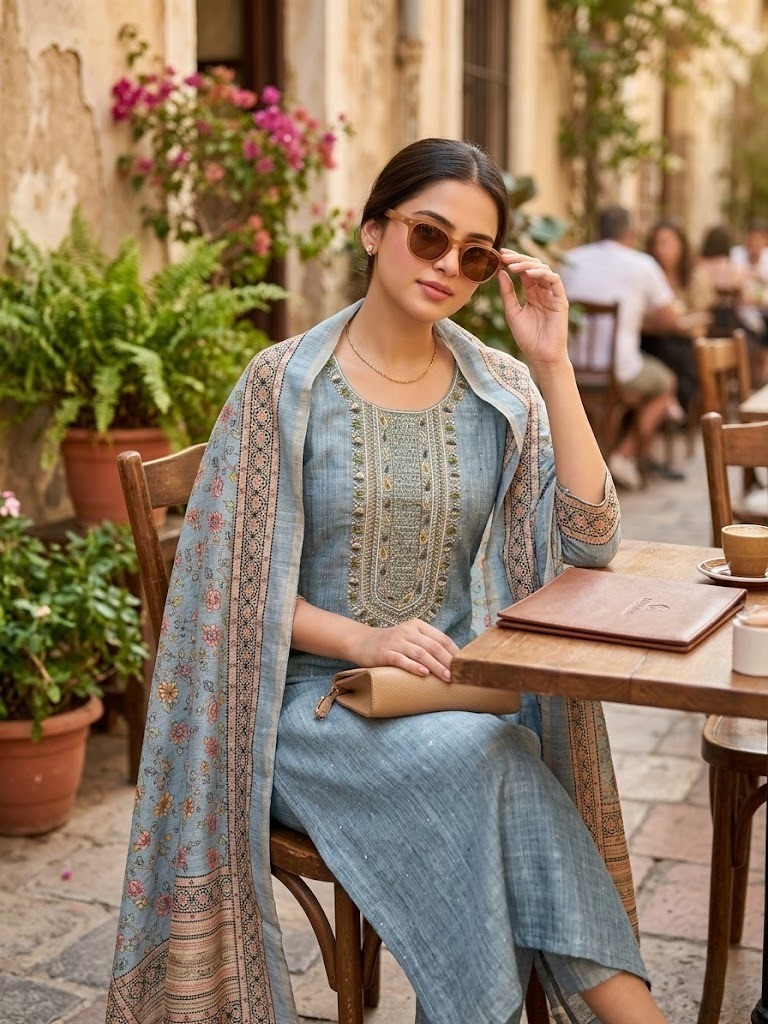 Pure Silk Unstitched Suit Material - Soft Dusty Blue with Hand Embroidery Suit