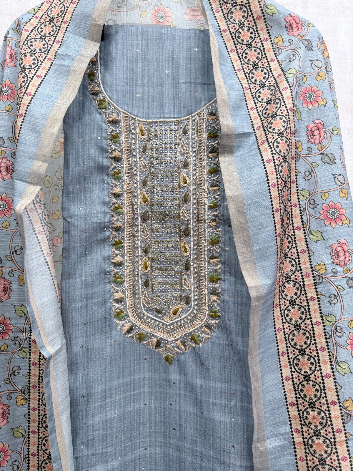 Pure Silk Unstitched Suit Material - Soft Dusty Blue with Hand Embroidery Suit view 4