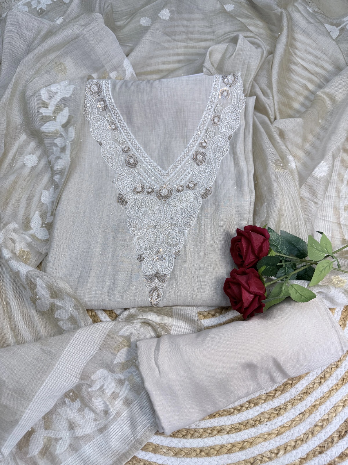 Soft Off-White / Ivory Cream Suit - Premium Unstitched Suit Material for Women view 2