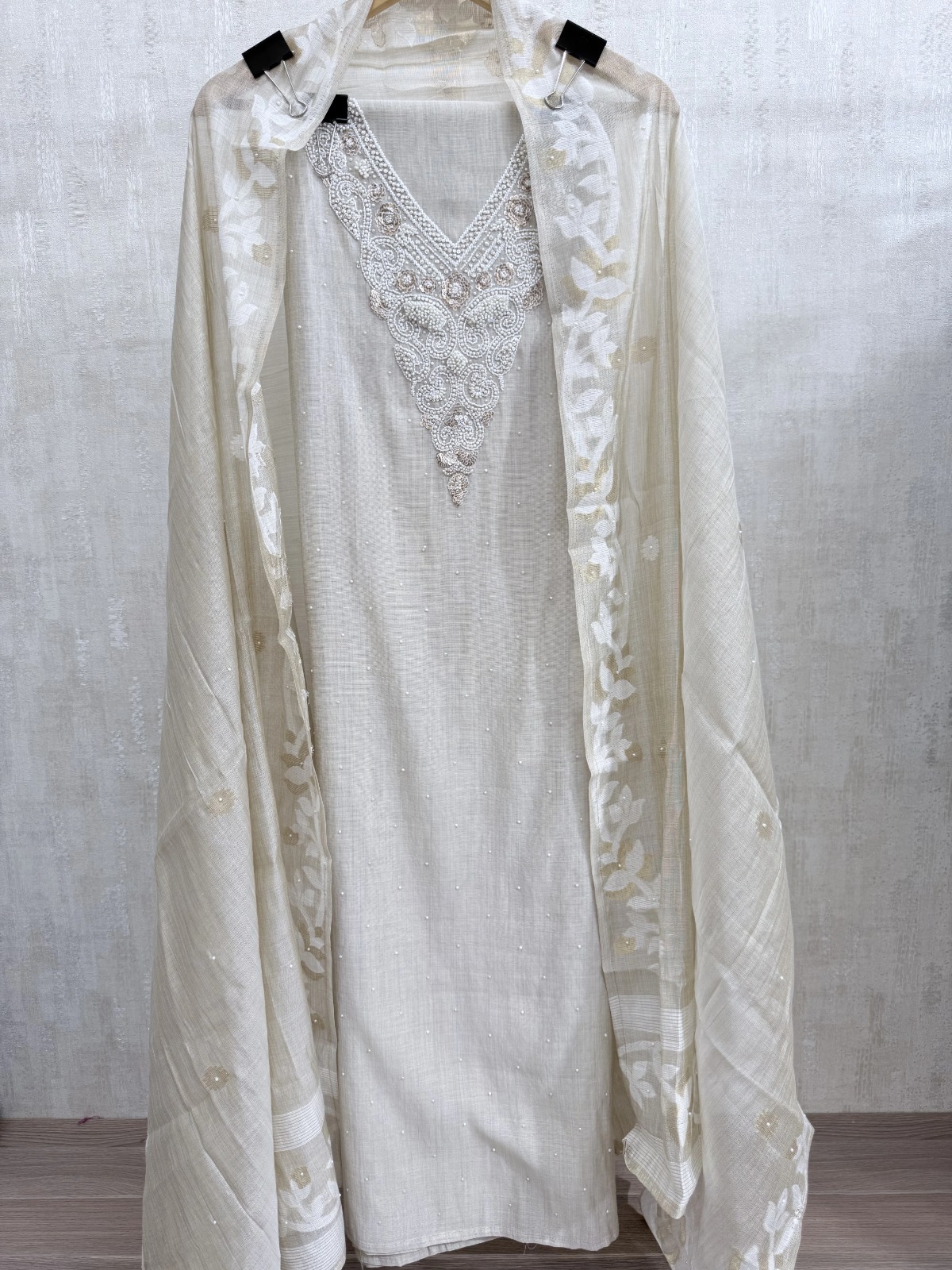 Soft Off-White / Ivory Cream Suit - Premium Unstitched Suit Material for Women view 3
