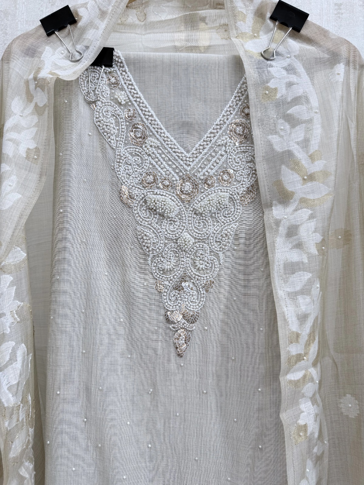 Soft Off-White / Ivory Cream Suit - Premium Unstitched Suit Material for Women view 4