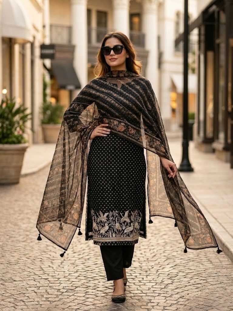 Handcrafted Organza Unstitched Suit Material - Classic Black Heritage Embroidered Suit