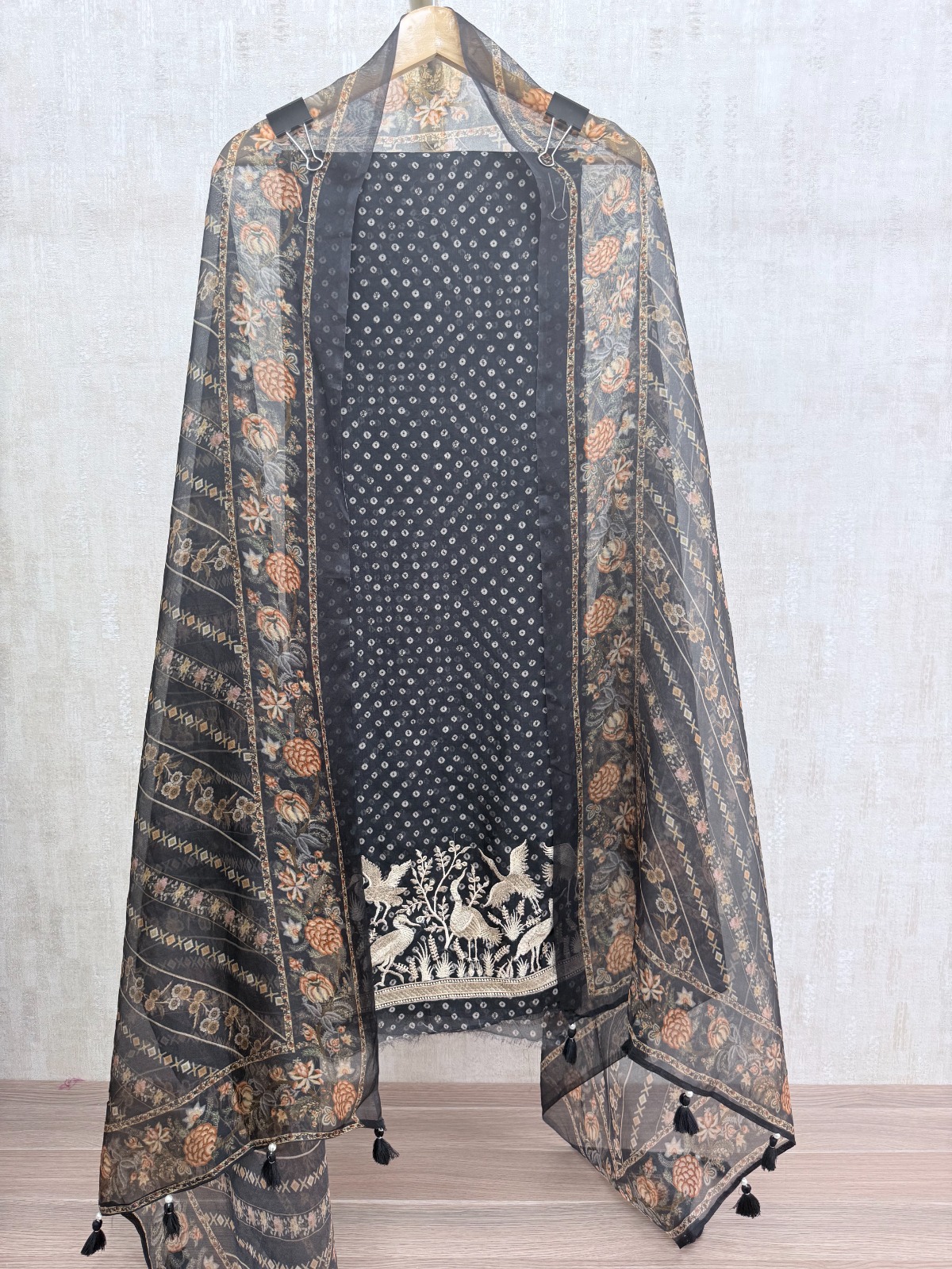 Handcrafted Organza Unstitched Suit Material - Classic Black Heritage Embroidered Suit view 3