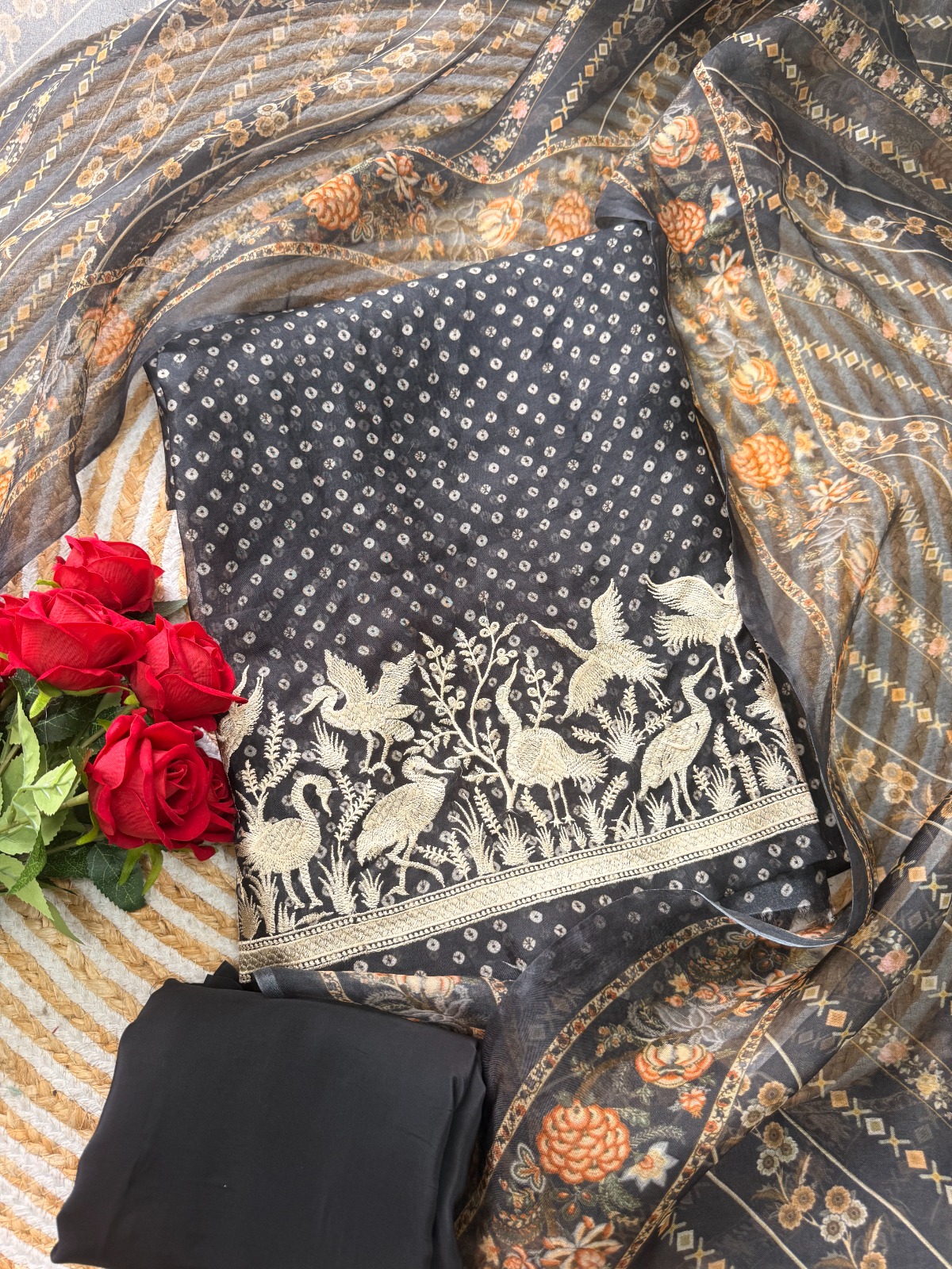 Handcrafted Organza Unstitched Suit Material - Classic Black Heritage Embroidered Suit view 2