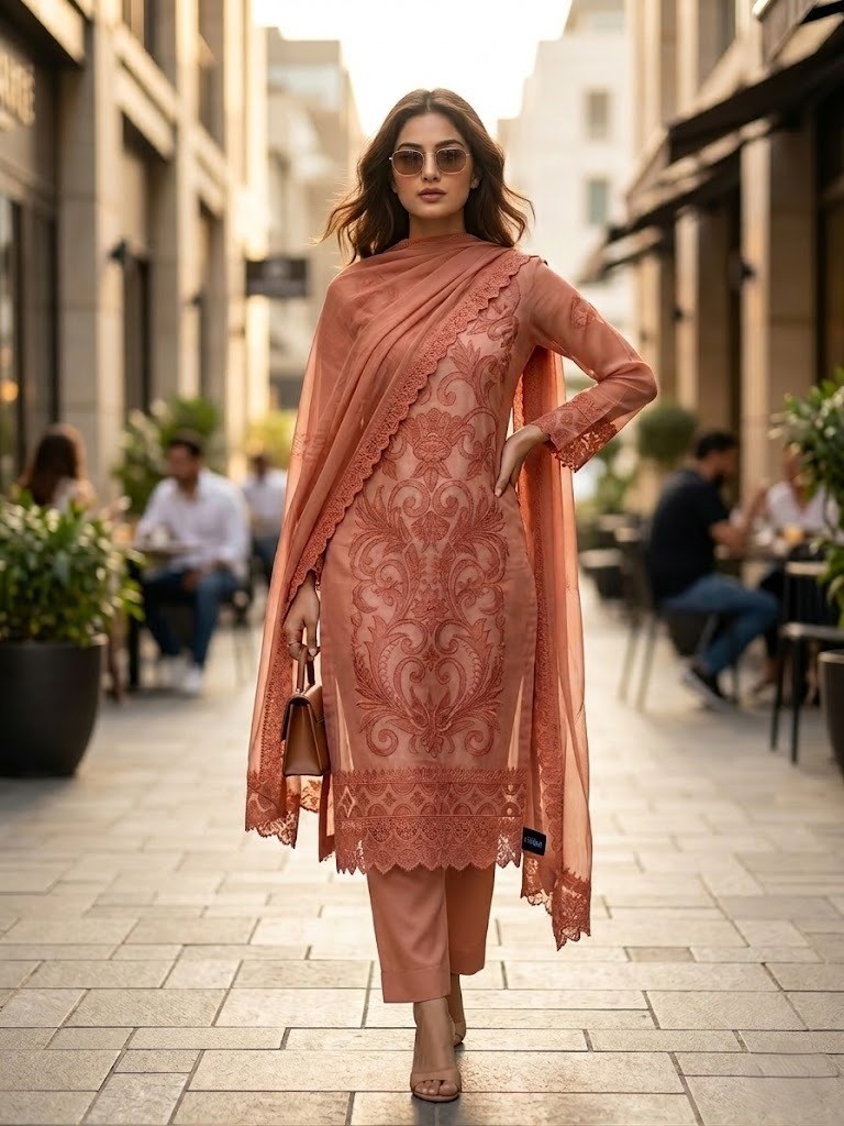 Peach Rose Embroidered Suit - Premium Unstitched Suit Material for Women