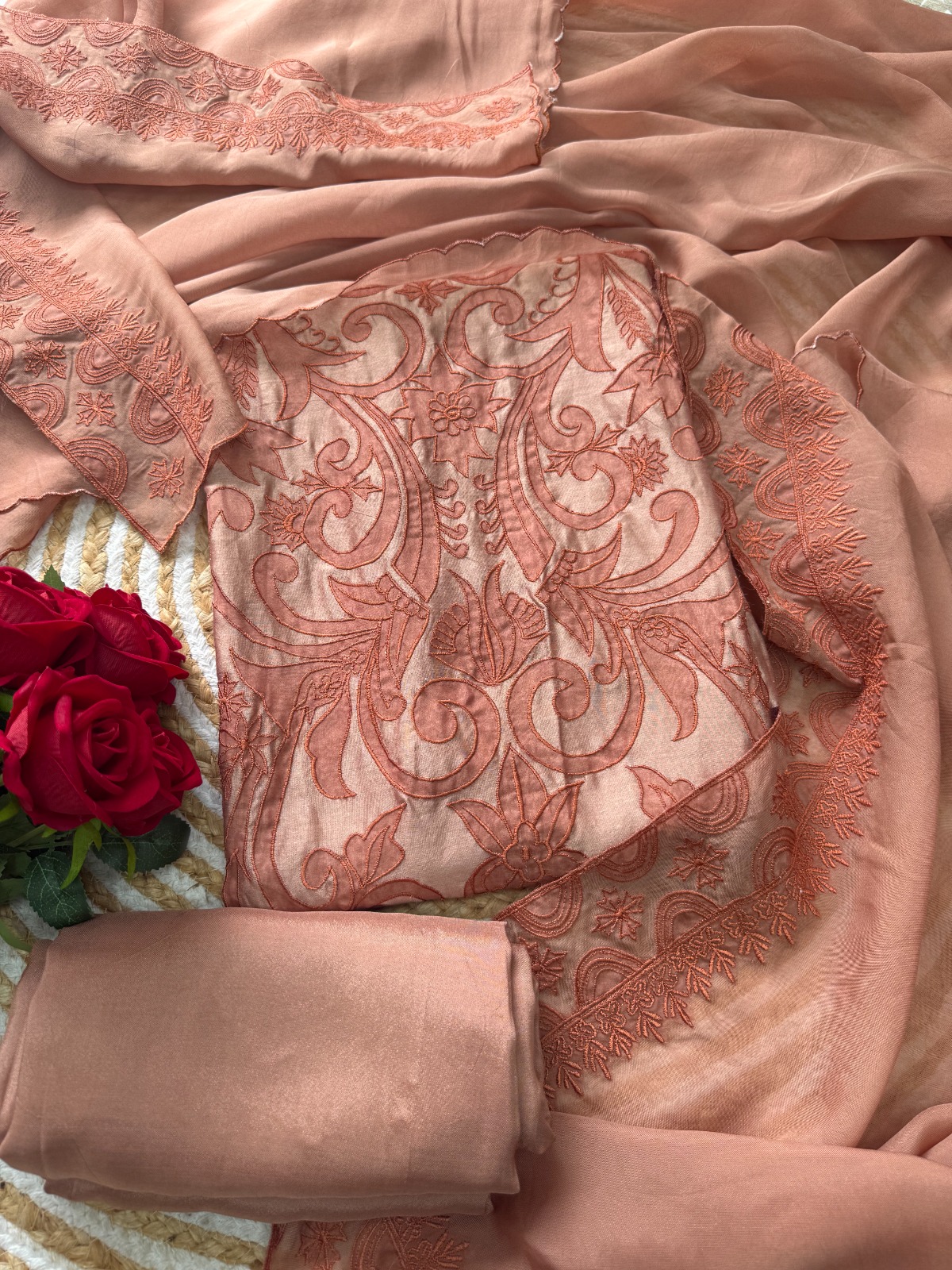 Peach Rose Embroidered Suit - Premium Unstitched Suit Material for Women view 2