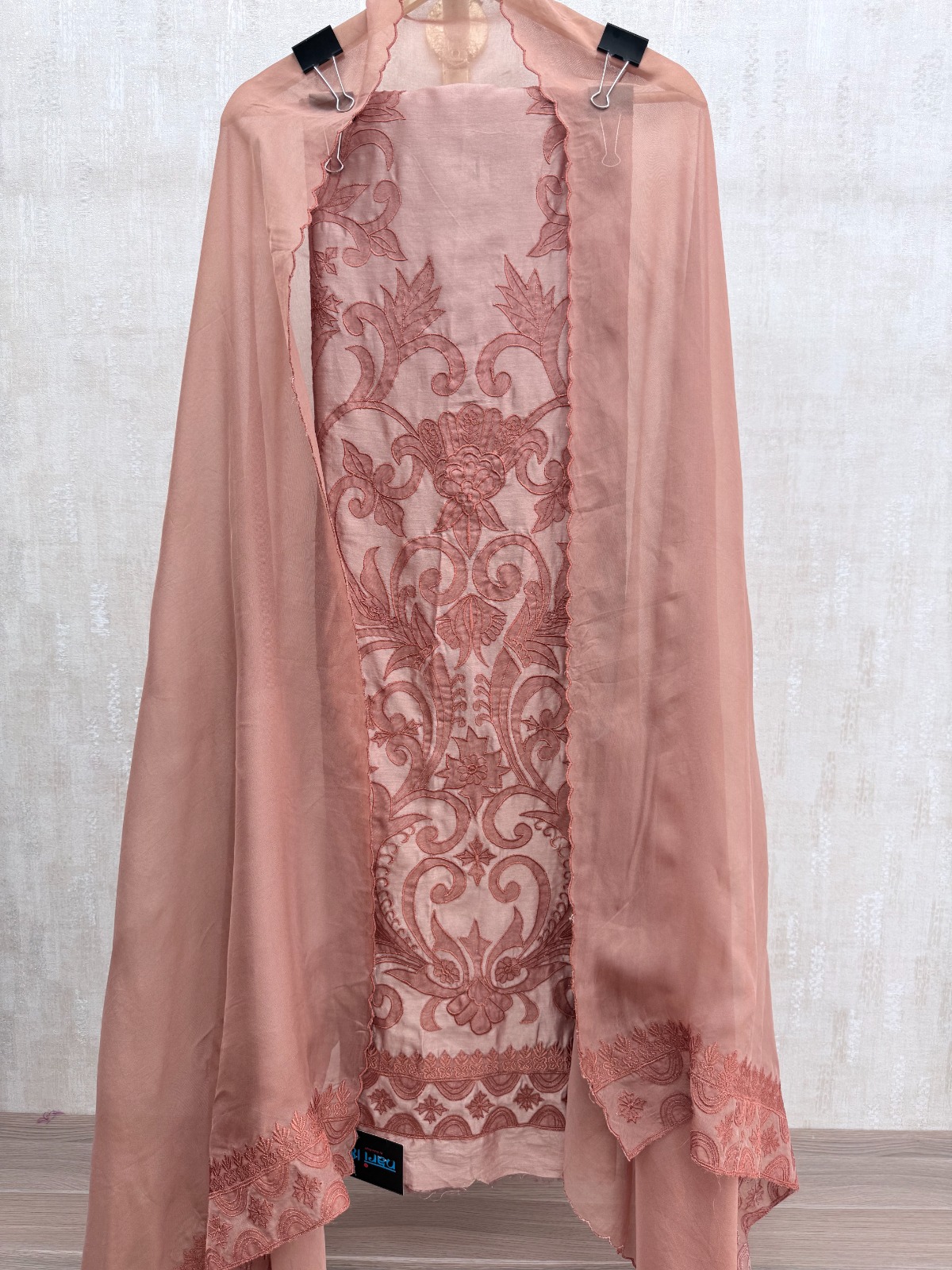 Peach Rose Embroidered Suit - Premium Unstitched Suit Material for Women view 3