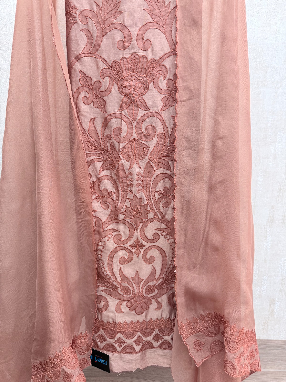 Peach Rose Embroidered Suit - Premium Unstitched Suit Material for Women view 4