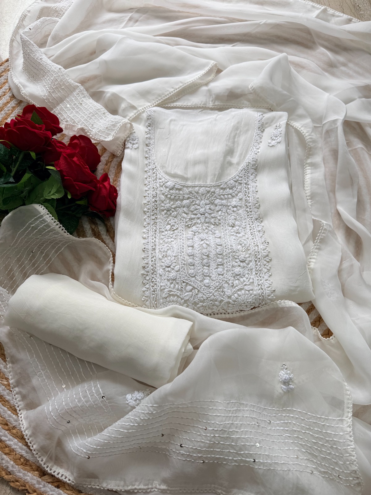 Handcrafted Organza Unstitched Suit Material - Elegant Ivory Hand Embroidered Suit view 2