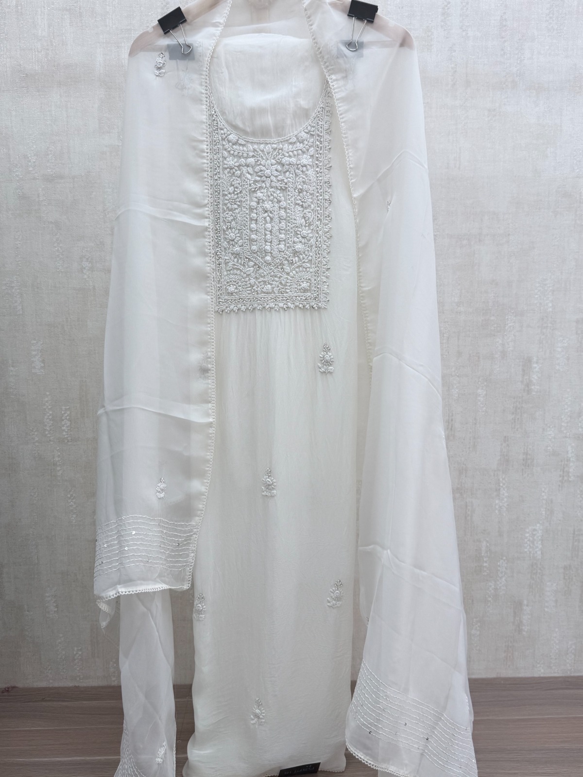 Handcrafted Organza Unstitched Suit Material - Elegant Ivory Hand Embroidered Suit view 3