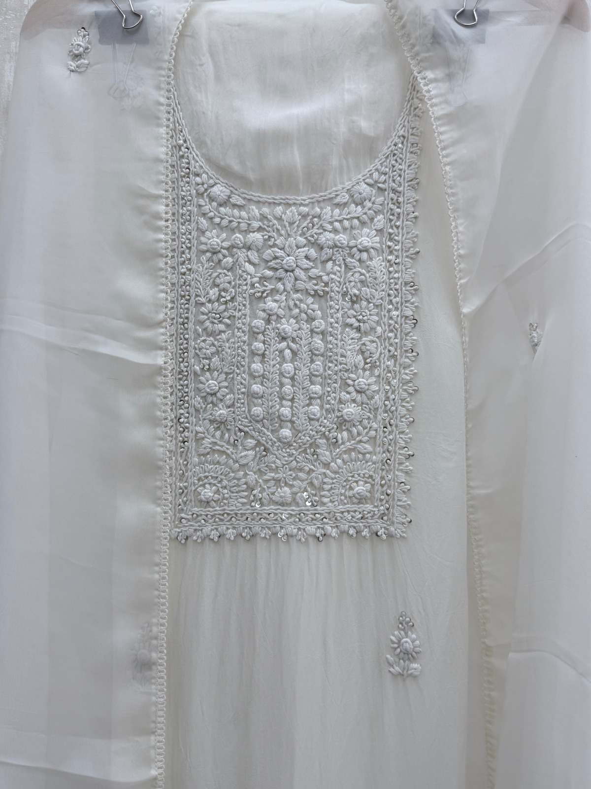 Handcrafted Organza Unstitched Suit Material - Elegant Ivory Hand Embroidered Suit view 4