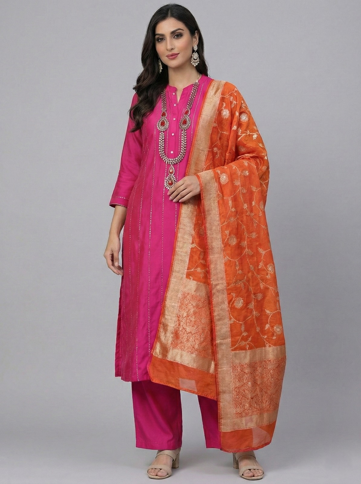 Pink Silk Neckline Suit