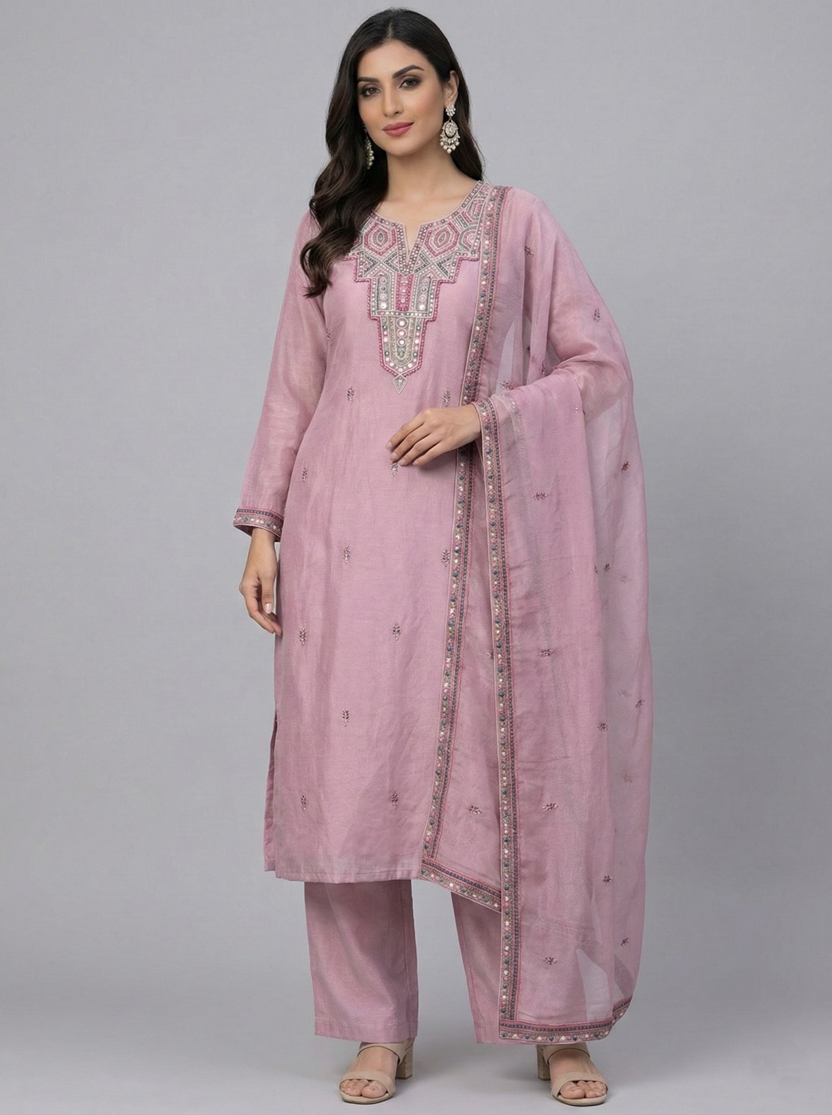 Dusty Rose Embroidery Silk Suit   