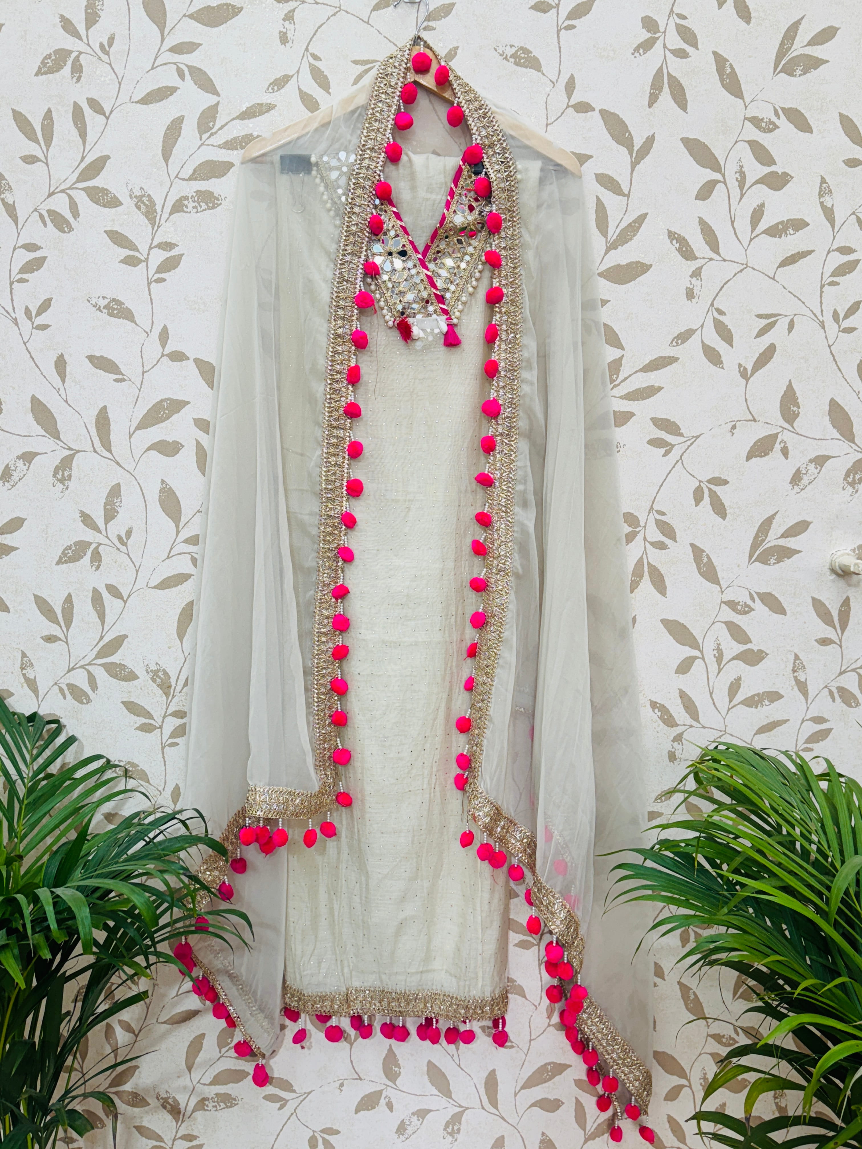 Ivory Embellished Suit with Pom-Pom Dupatta