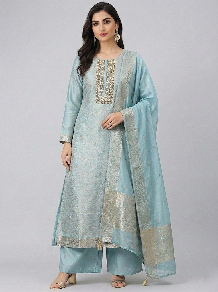 Elegant Powder Blue Silk Suit
