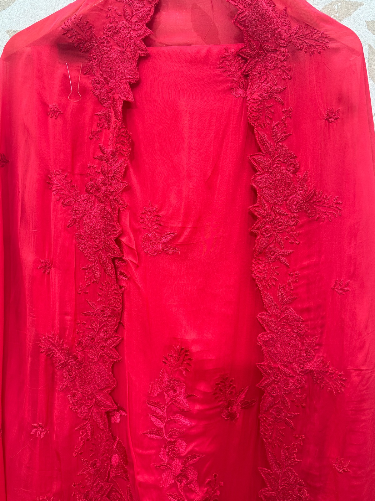 Handcrafted Organza Unstitched Suit Material - Crimson Red Embroidered OrganzaSilk Suit view 3