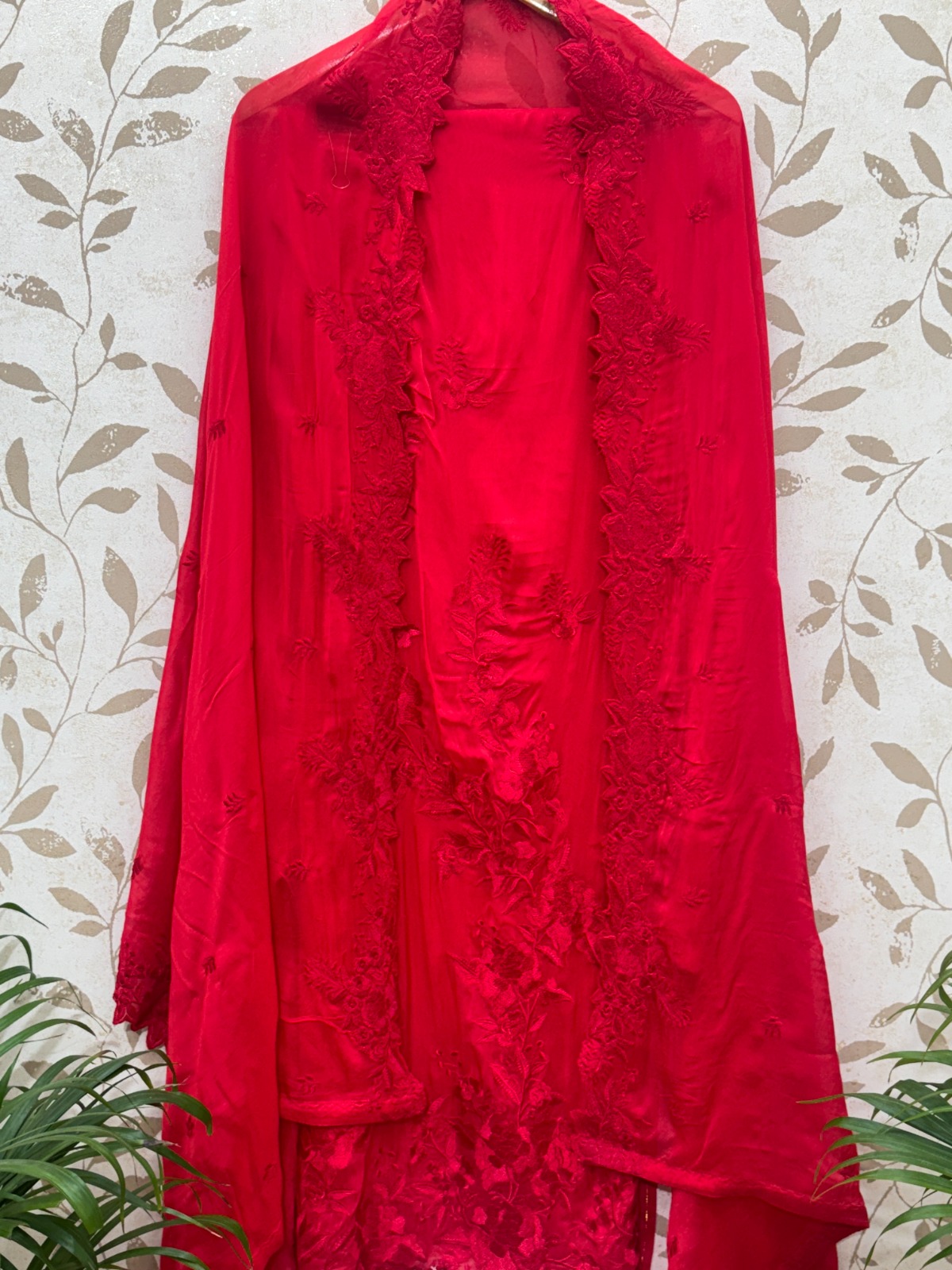 Handcrafted Organza Unstitched Suit Material - Crimson Red Embroidered OrganzaSilk Suit view 2
