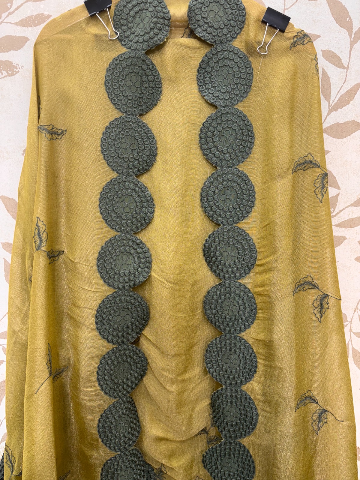 Pure Silk Unstitched Suit Material - Gold Suit with Sculpted Appliqu&eacute; Dupatta view 2