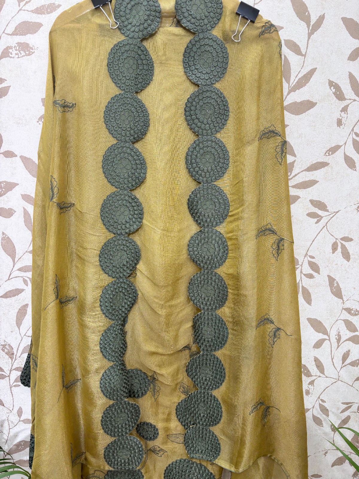 Pure Silk Unstitched Suit Material - Gold Suit with Sculpted Appliqu&eacute; Dupatta view 3