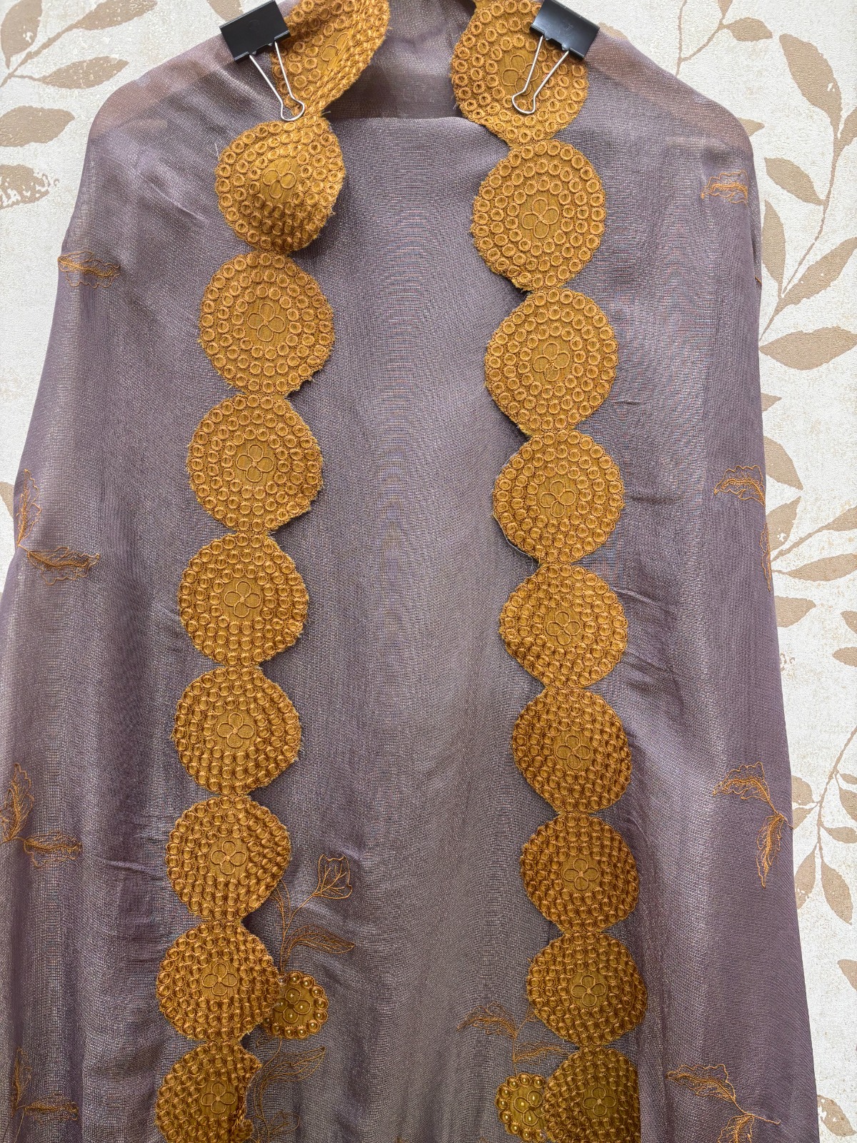 Pure Silk Unstitched Suit Material - Smoky Taupe Silk Suit with Handcrafted Applique view 2