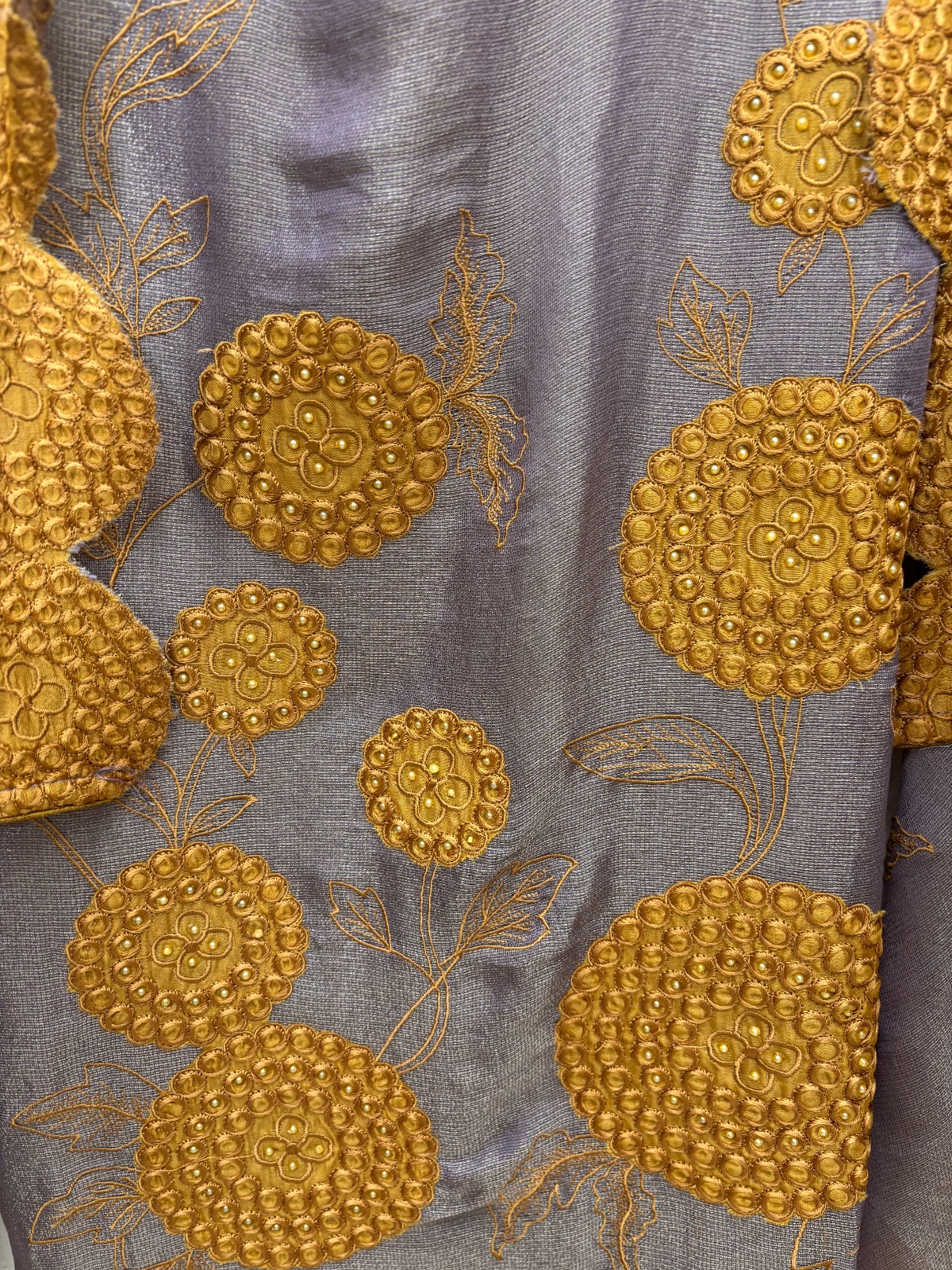 Pure Silk Unstitched Suit Material - Smoky Taupe Silk Suit with Handcrafted Applique view 3