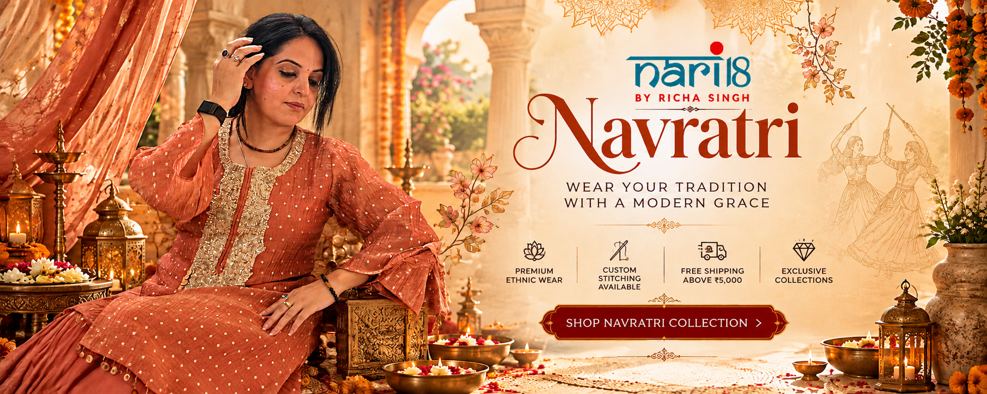 Nari18 by Richa Singh Navratri collection — wear your tradition with a modern grace. Premium ethnic wear, custom stitching available, free shipping above ₹5,000 and exclusive collections.
