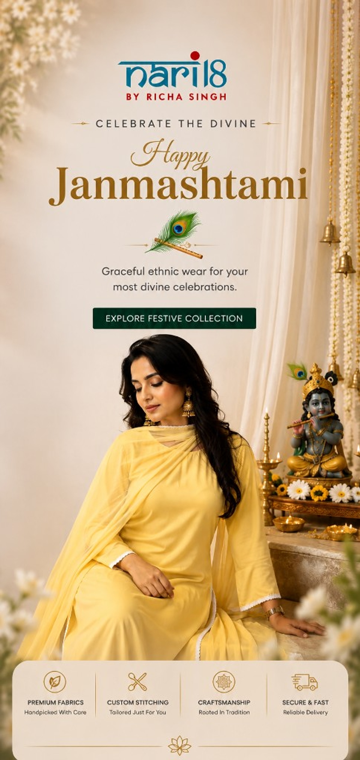 Happy Janmashtami — Celebrate the divine with Nari18 ethnic wear. Explore festive collection.